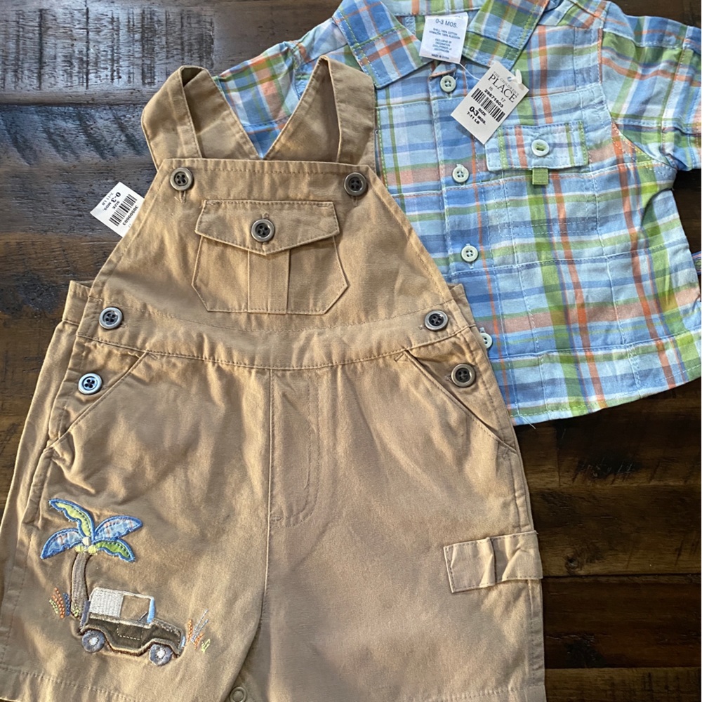Vintage The Children’s Place Boys Overalls & Button Up Shirt 0-3 Month Dress Up